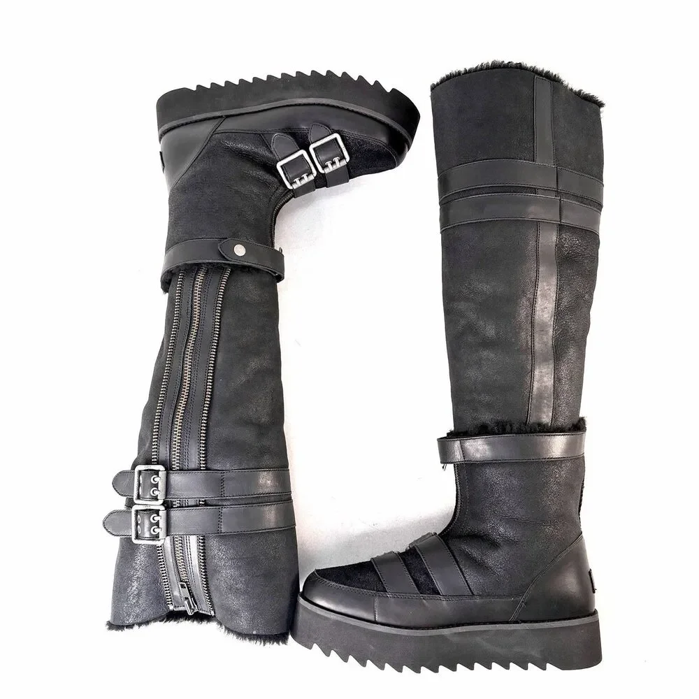 UGG Moto Punk OTK Boot Black Biker Buckle Zipper Round Toe Women's Size 10